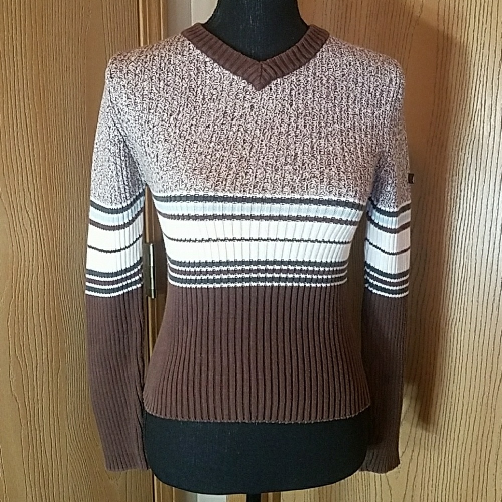 Billabong Brown and White V-Neck Sweater Size 10
